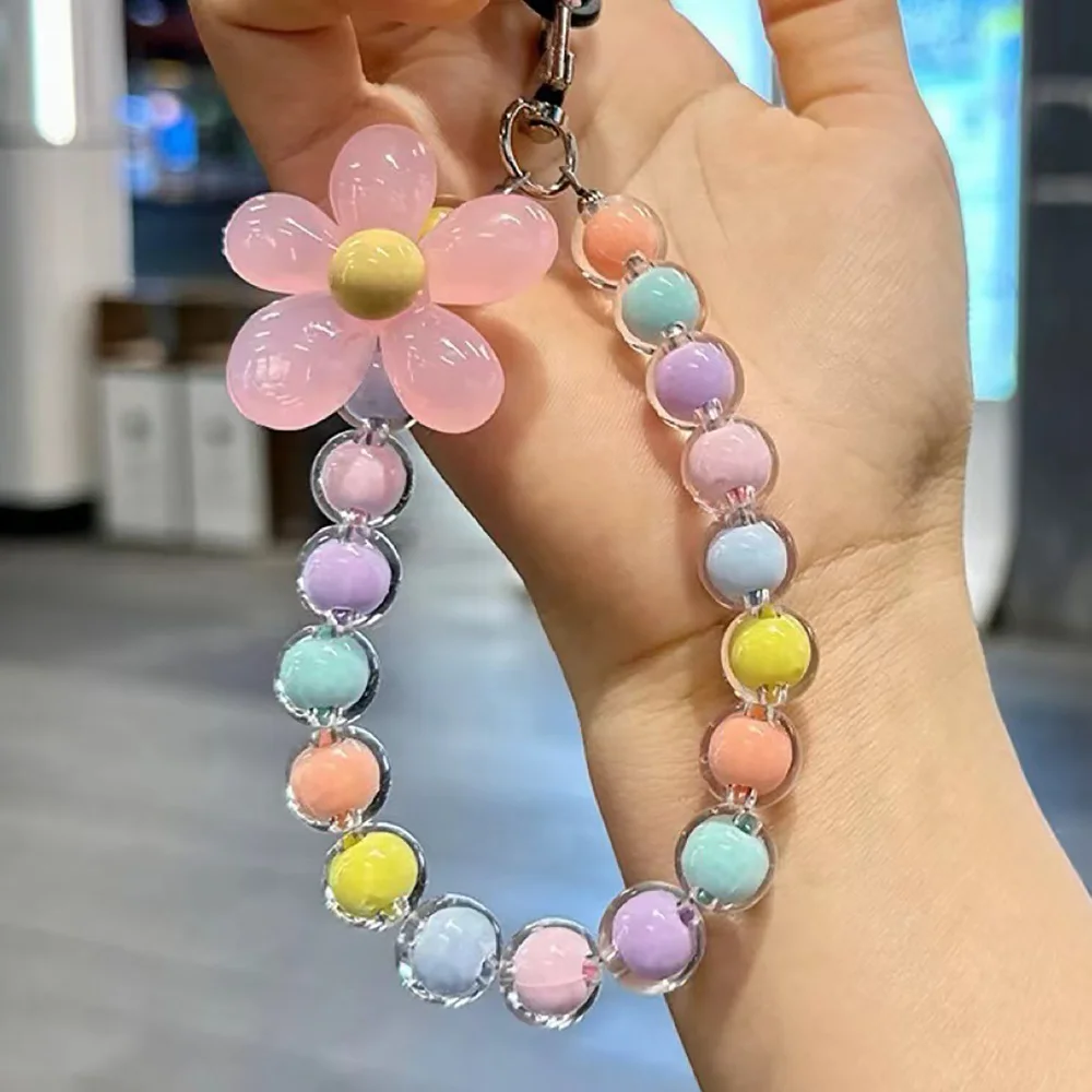 Colored bead petal Lanyard for IPhone Anti-Lost Bracelet for Samsung Mobile Phone Case Wrist Strap Car Keychain Cute Phone Charm