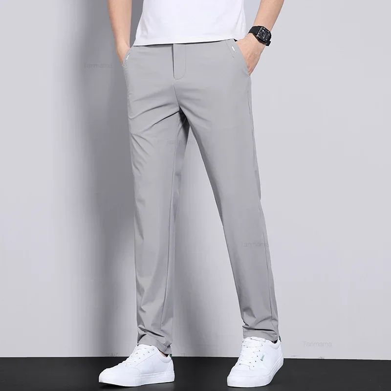 Ultra-thin Elastic Men's Casual กางเกงฤดูร้อน Quick-drying ICE Silk Slim ตรงธุรกิจกางเกงสีทึบสีดําสีเทา