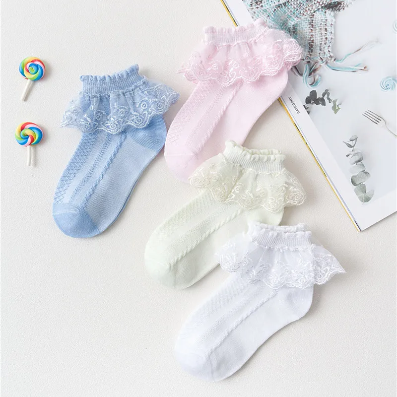 10 par/lote de calcetines para niñas y niños, calcetines de encaje con volantes de princesa de malla para niños, calcetines cortos transpirables de algodón blanco, rosa y azul para niños pequeños