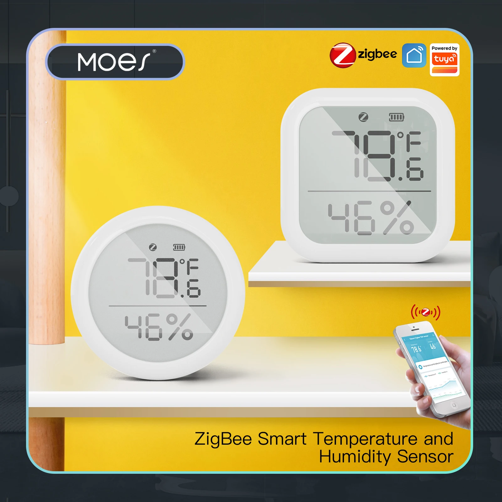 MOES Tuya ZigBee Sensor de temperatura e umidade para casa inteligente com tela LED funciona com Google Assistant e Tuya Zigbee Hub