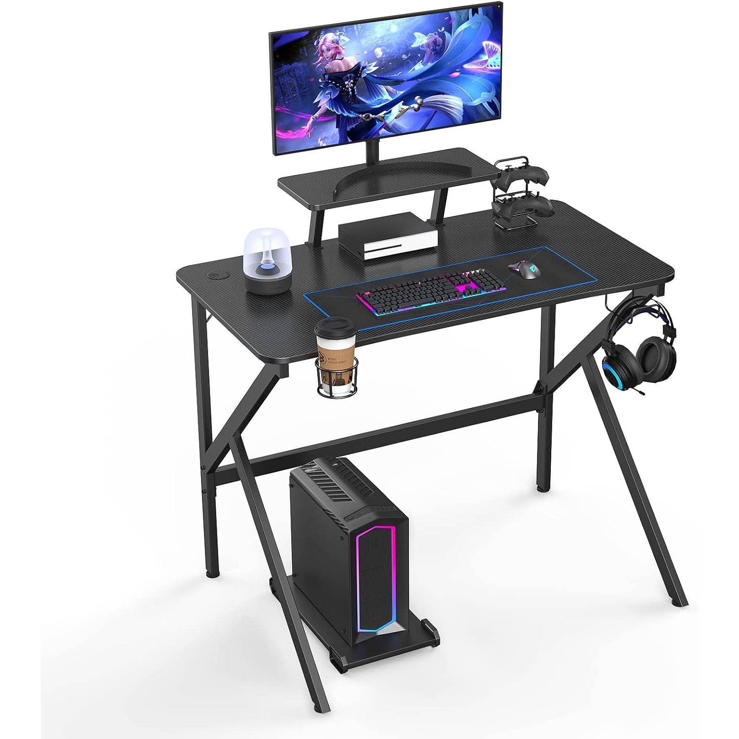 Bureau Gamer Informatique Ergonomique, Table Gaming, met Porte-Gobelet, Crochet pour Casque en Support de Hauteur Amovible Noir
