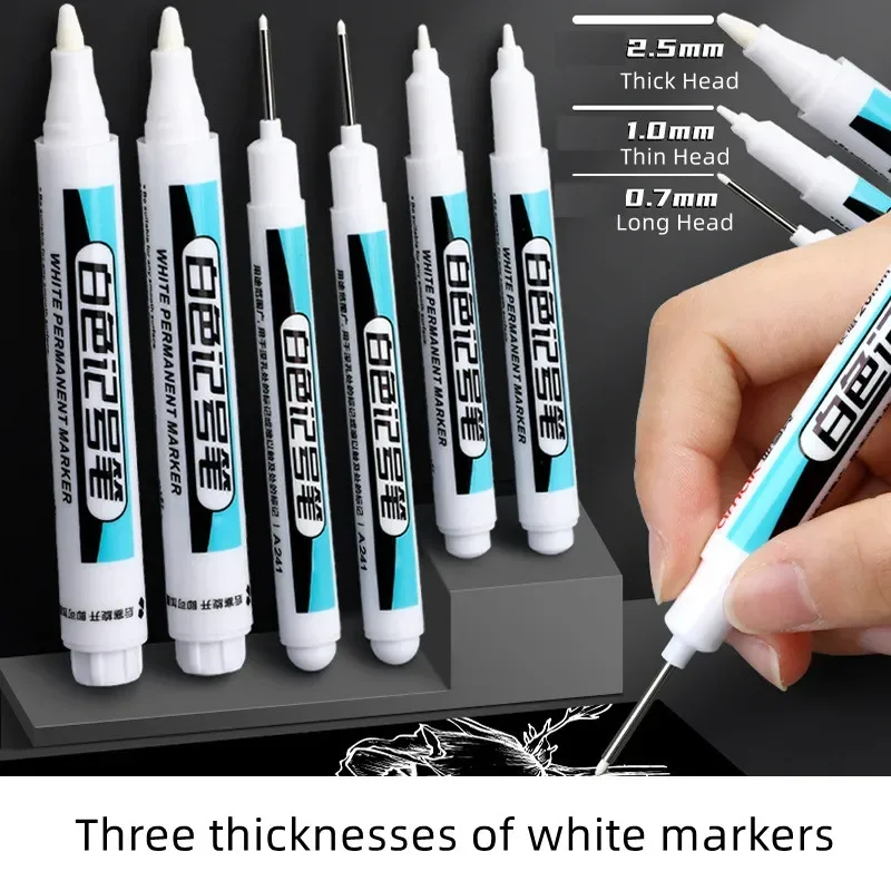 Rotulador de pintura acrílica blanca para lana, Canva, neumático, vidrio, roca, Metal, permanente, resistente al agua, 0,7mm, 1,0mm, 2,5mm, 1 ud.