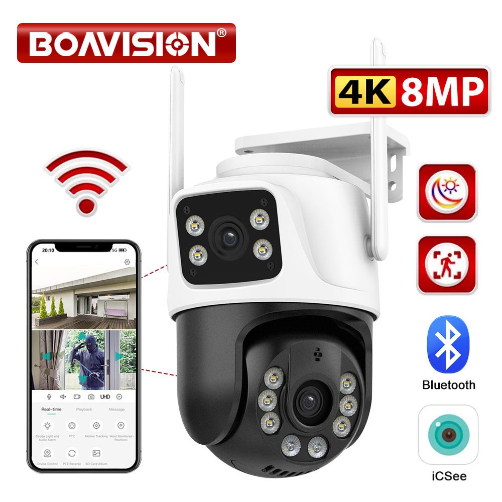 ru Открытый двойной объектив Видео Камера PTZ 8MP 4MP Wi-Fi Наблюдение Автоматическое отслеживание 2-стороннее аудио Цветное ночное видение Умная веб-камера