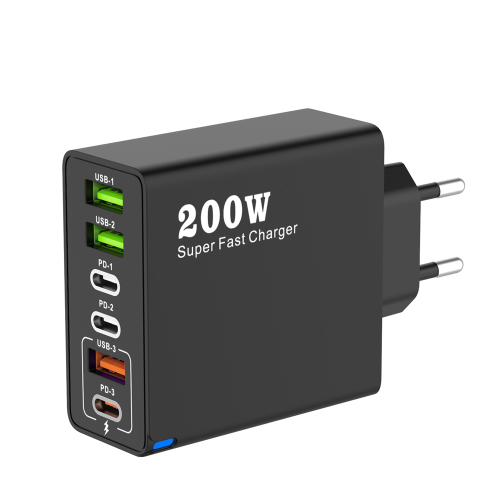 Cargador USB C de 6 puertos de 200W, carga súper rápida PD3.0 USB C tipo C, cargador de teléfono móvil para iPhone 16 SE4 Samsung Xiaomi ipad