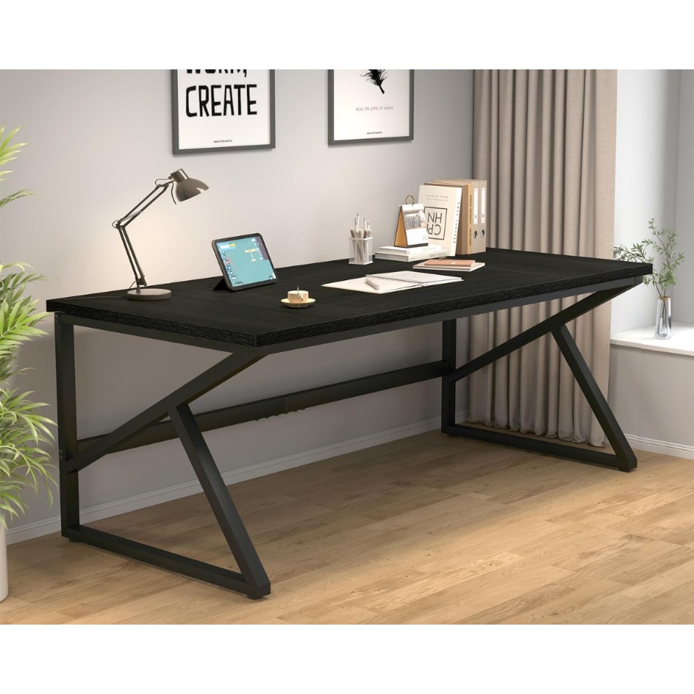 70 Inch Long Black Desk, Large Metal Wood Computer Desk for 2 Monitors, Modern Home Office PC Laptop Desk for 2 People