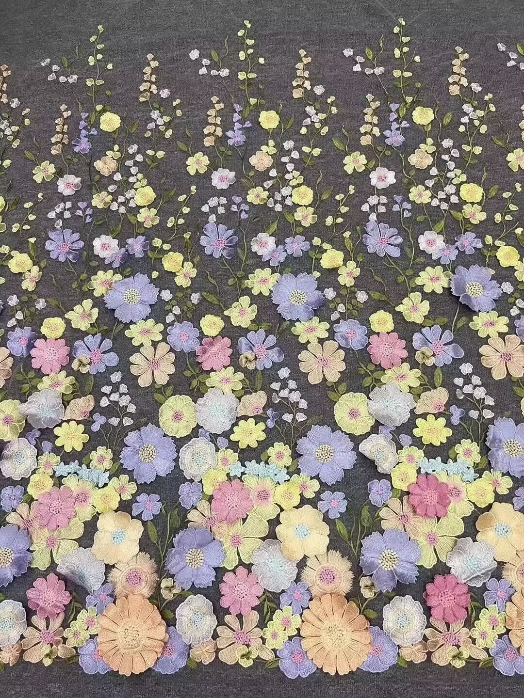 Tecido de renda flor 3d colorido, vestido de casamento diy, luxo, mais recente, tridimensional, girassol, flutuante, malha macia, renda bordada