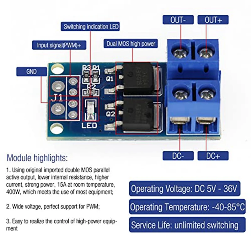 30PCS MOSFET Module DC 5V-36V 15A(Max 30A) 400W Dual High-Power 0-20Khz PWM DC Motor Speed Controller