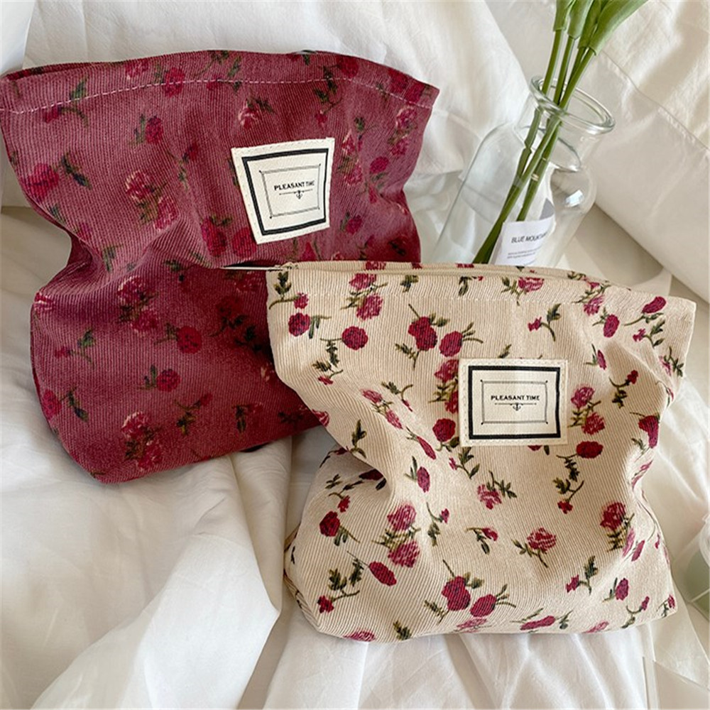 Corduroy化粧品バッグ女性用、大容量、トイレオーガナイザー、ジッパーメイクアップポーチ、ポータブルトラベル、化粧品収納クラッチ