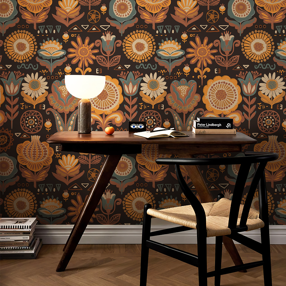 レトロな花の皮と棒の壁紙,黄色と黒,PVCの装飾,家具の改修,テレビの背景ステッカー