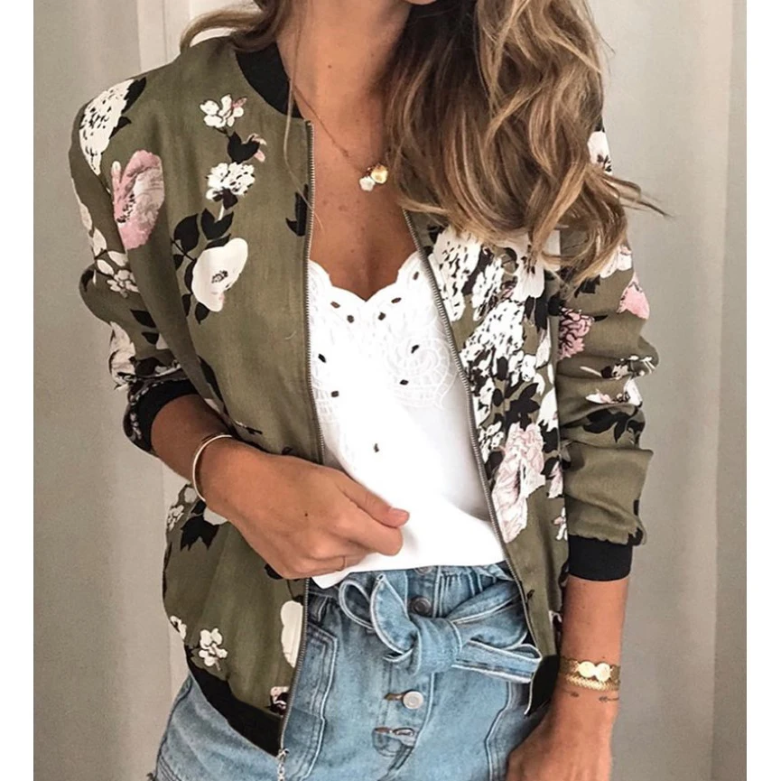 Feminino elegante zíper jaqueta bomber primavera outono floral impresso jaquetas escritório wear fino casaco de escritório retro outwear
