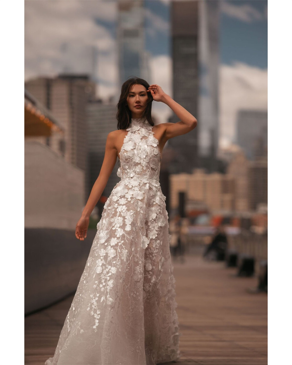 Kyoto Customized White Lace Appliques Strapless Wedding Dress A-Line Halter Neck vestidos de novia Backless Sweep Train Formal