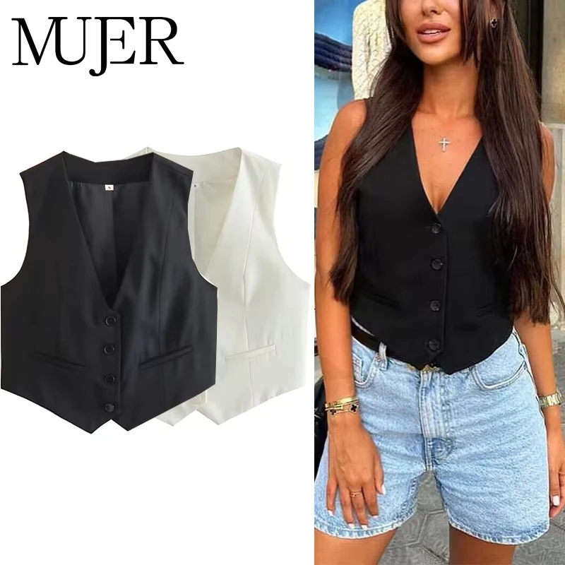 MUJER Gilet da donna Nero Bianco Canotta corta Top Donna Scollo a V Gilet senza maniche Donna Moda Abito estivo da lavoro Gilet Cappotti corti