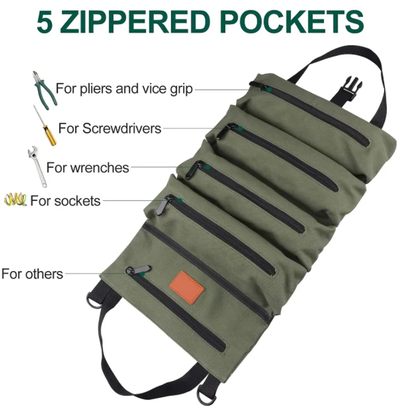 Multi-Purpose Roll Up Tool Bag,Wrench Roll,Canvas Tool Organizer Bucket,Car First Aid Kit, Wrap Roll Storage Case