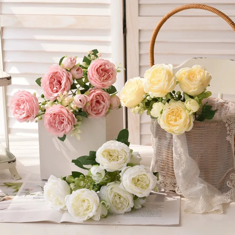 30 センチメートルローズピンクシルクブーケ牡丹造花 5 ビッグヘッド 4 小さなつぼみ花嫁の結婚式の家の装飾造花