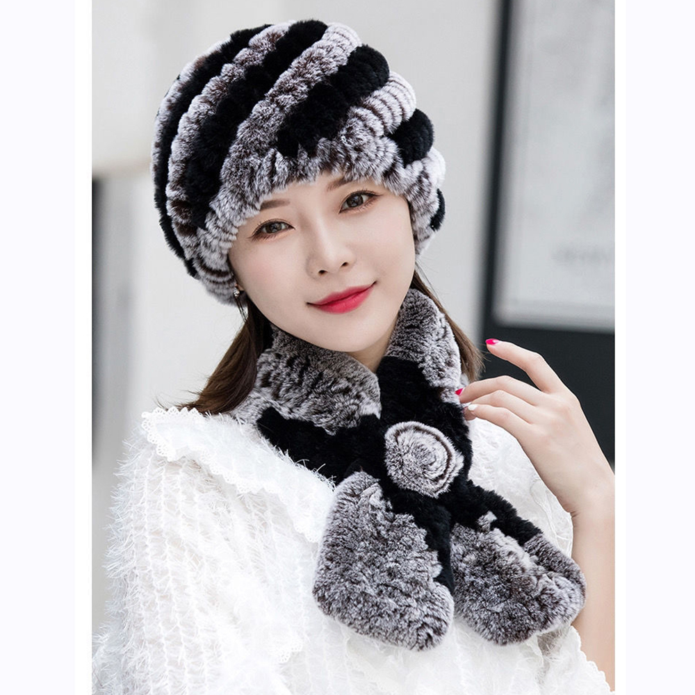 Hot Koop Vrouwen Winter Echt Konijnenbont Hoed Sjaal Sets Natuurlijke Rbbit Bont Hoed Sjaals Lady Warm Echt Konijnenbont cap Uitlaat 2 Stuk