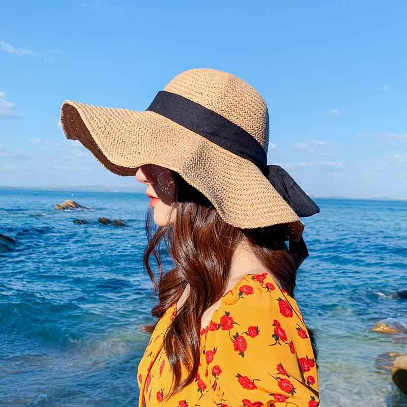 Women's Summer Beach Straw Hat Foldable Large Brim Korean Japanese Sle Trendy  Face Covering Sun Protection Hat