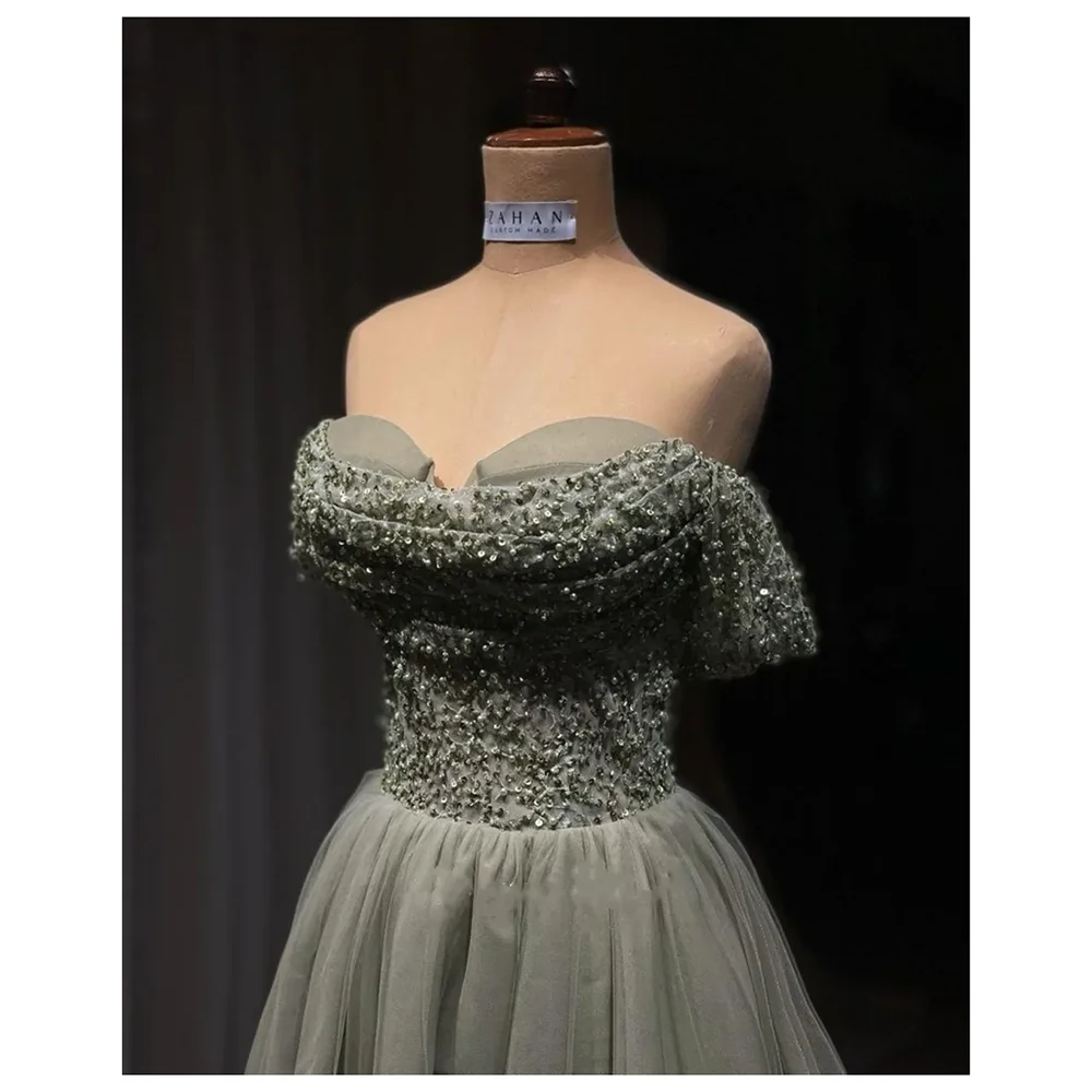 2024Elegant Offไหล่Sageชุดราตรีสําหรับผู้หญิงงานแต่งงานหรูหราลูกปัดคํายาวพรรคอย่างเป็นทางการชุดอารมณ์