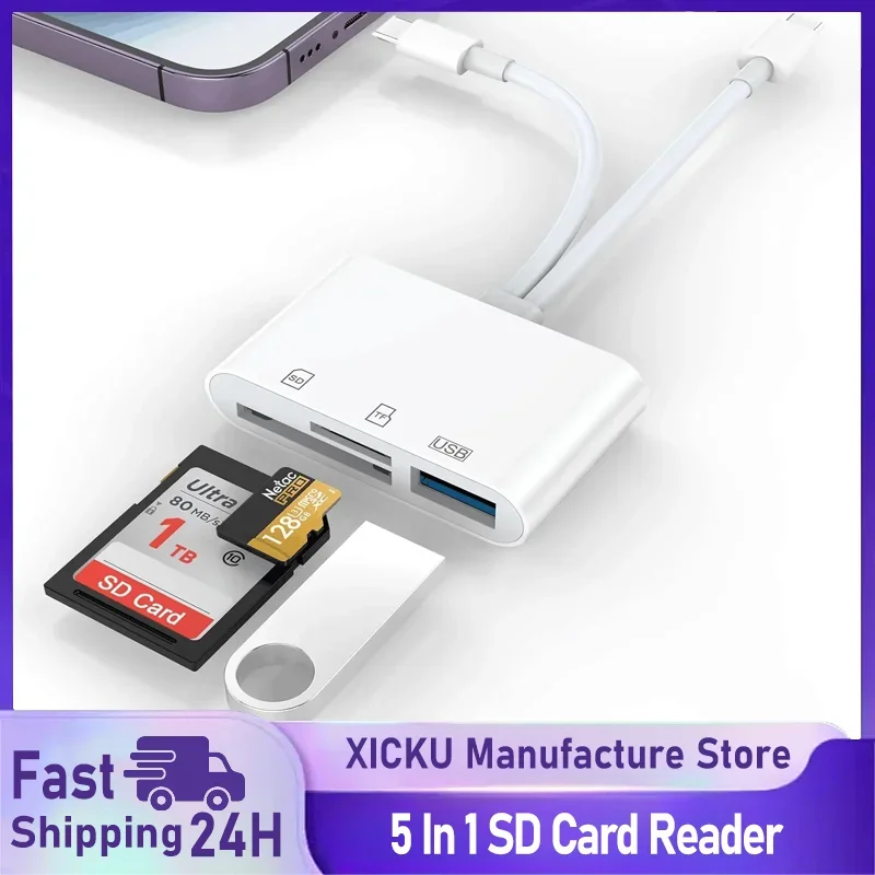 Leitor de cartão SD 5 em 1 Lightning/Tipo C para USB 3.0/SD/TF Adaptador de cartão, leitor de cartão de memória para iPhone iPad MacBook Samsung Andro