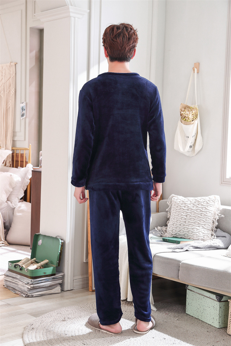 Duas peças masculinas outono e inverno conjuntos de pijamas de flanela quente azul manga longa elástico pijamas sólido macio casual o-pescoço homewear