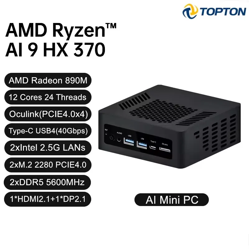 Topton Oculink Mini PC Gamer AMD Ryzen AI 9 HX 370 365 7 PRO 360 USB4 2x2.5G LAN 2xPCIe4 Komputer stacjonarny do gier Windows11 WiFi6