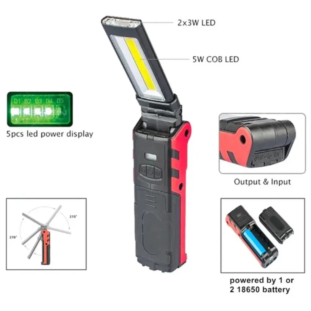 Portable COB LED Work Light USB Rechargeable Flashlight Inspection Lamp with Magnetic Hook Power Bank Torch for Car Repair