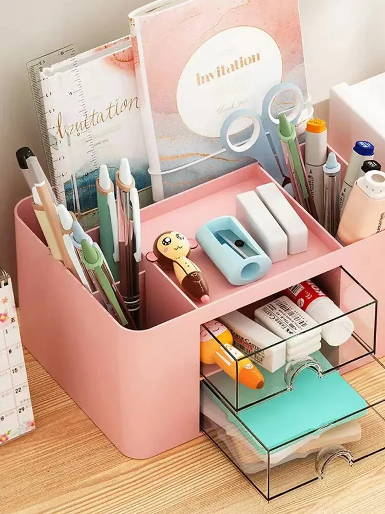 1PC ปากกา 2 ลิ้นชัก Multi-Functional ผู้ถือดินสอสําหรับผู้ถือโต๊ะกล่องเก็บสําหรับโต๊ะอุปกรณ์สํานักงานโต๊ะเครื่องแป้ง