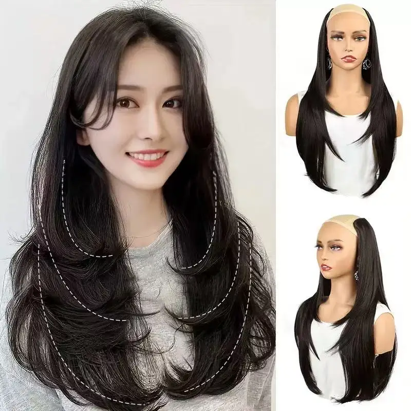 22/24 pulgadas sintético en forma de V en capas 4 Clips extensión de cabello largo y recto peluca Invisible de moda para mujeres