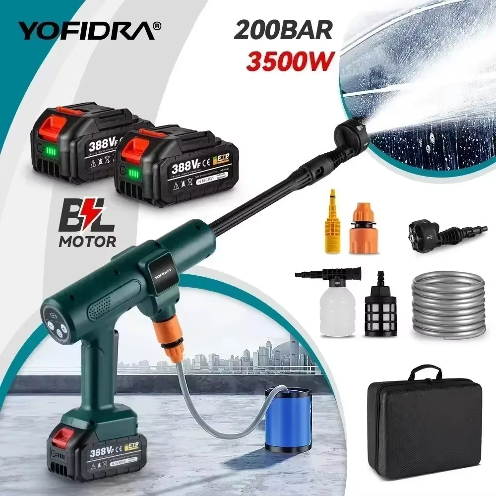 Yofidra-pistola de agua eléctrica de alta presión, sin escobillas, 200bar, boquillas 6 en 1, limpieza de coche, pistola rociadora de riego de jardín para batería de 18V