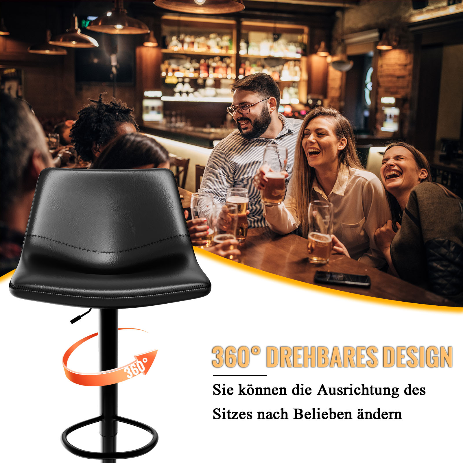 Juego de 2 taburetes de bar, silla de bar para isla de cocina con asiento de cuero PU, taburete de cocina giratorio para encimera de cocina