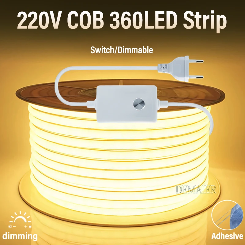 Tira de LED COB de 220V, interruptor de atenuación, tira de 360Led impermeable con cinta Flexible de encendido/apagado de 110V para habitación, dormitorio, cocina, iluminación de jardín