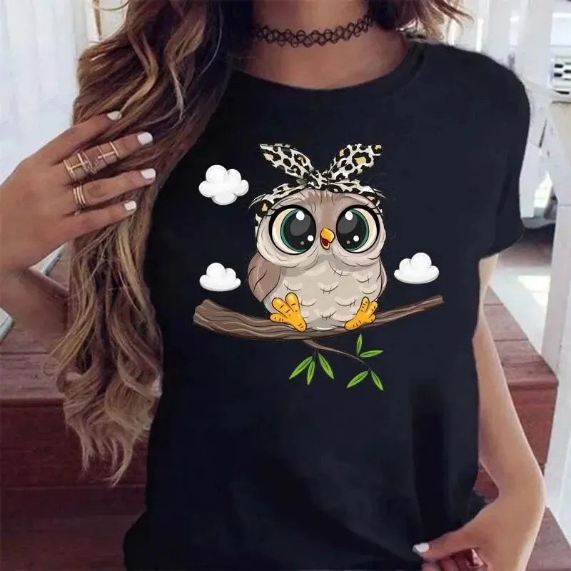 Cartoon Uil Print T-shirt Vrouwen Kawaii Grafische Shirts Casual Korte Mouwen Zwarte Vrouwelijke Tee O-hals Harajuku T-shirts
