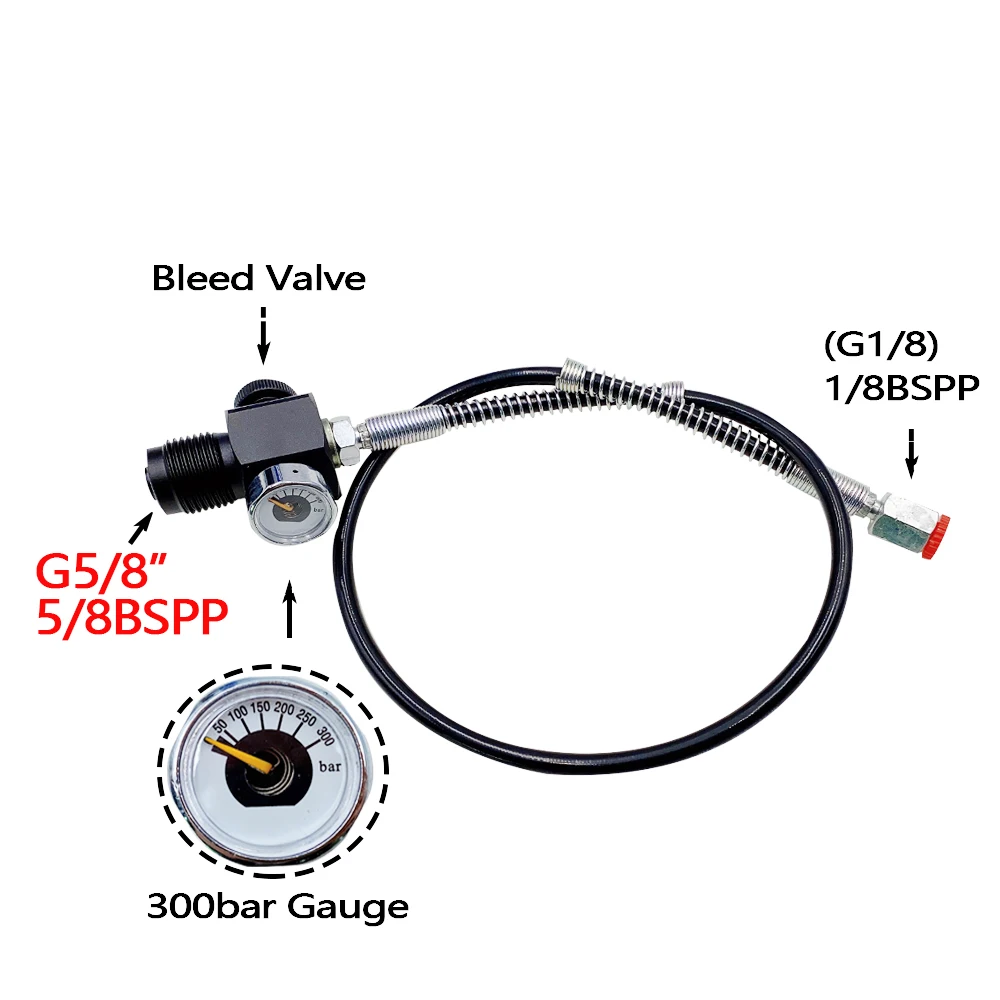 Diving Scuba 5/8BSPP Connector G5/8 DIN300 Filling Station Charging Adapter W/ Gauge Microbore DN3 Hose For Air Inflation