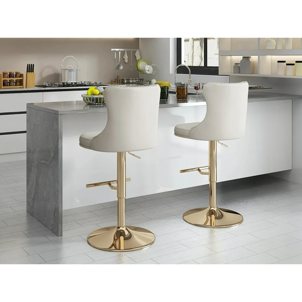 Velvet Bar Stools Set of 2, Counter Height Bar Stools with Button & Nailheads Trim, Gold Swivel Bar Stools for Kitchen Island