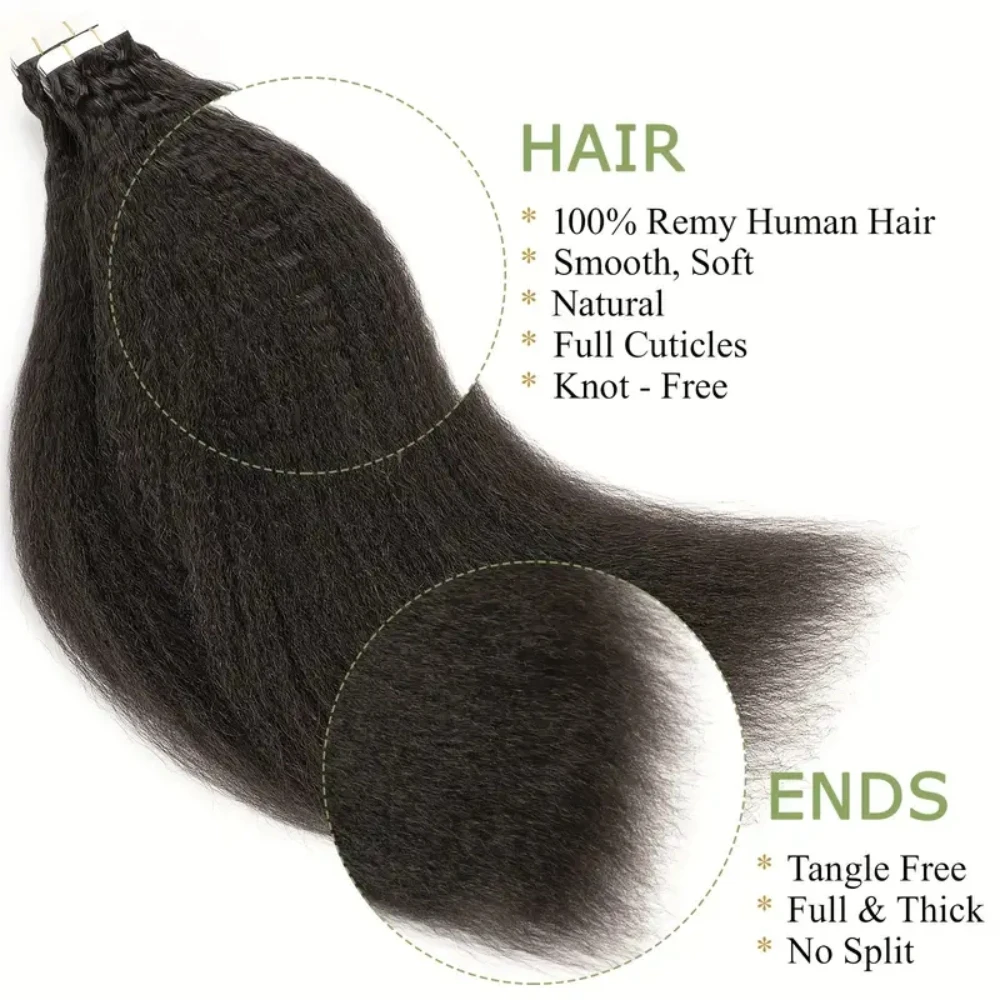 Verworrene gerade unsichtbare Tape-In-Extensions aus 100 % Echthaar, 40,6–66 cm, Hautschuss, natürliches Schwarz, 100 % Remy-Haarkleber, 20 Stück/Packung