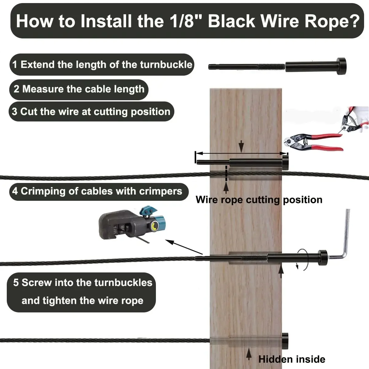 500Ft 1/8 Inch Black Wire Rope Railing System T316 Stainless Steel Aircraft Cable for Deck Cable Railing Hardware Kit