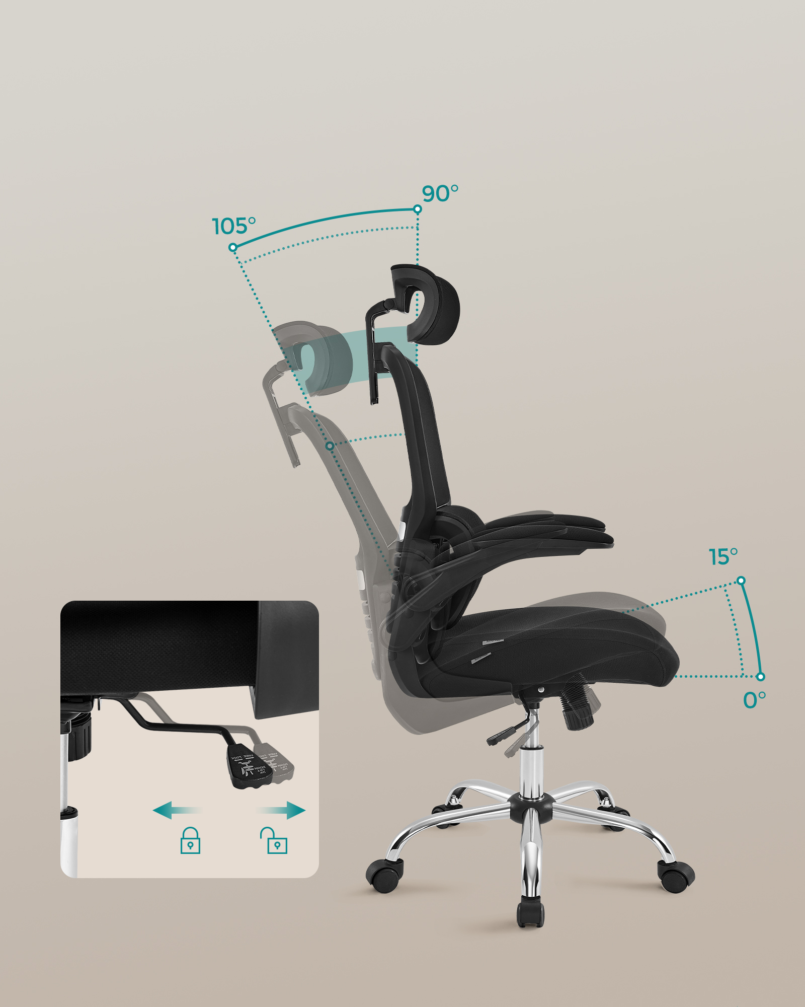 SONGMICS Bürostuhl, ergonomisch, klappbare Armlehnen, Wippfunktion