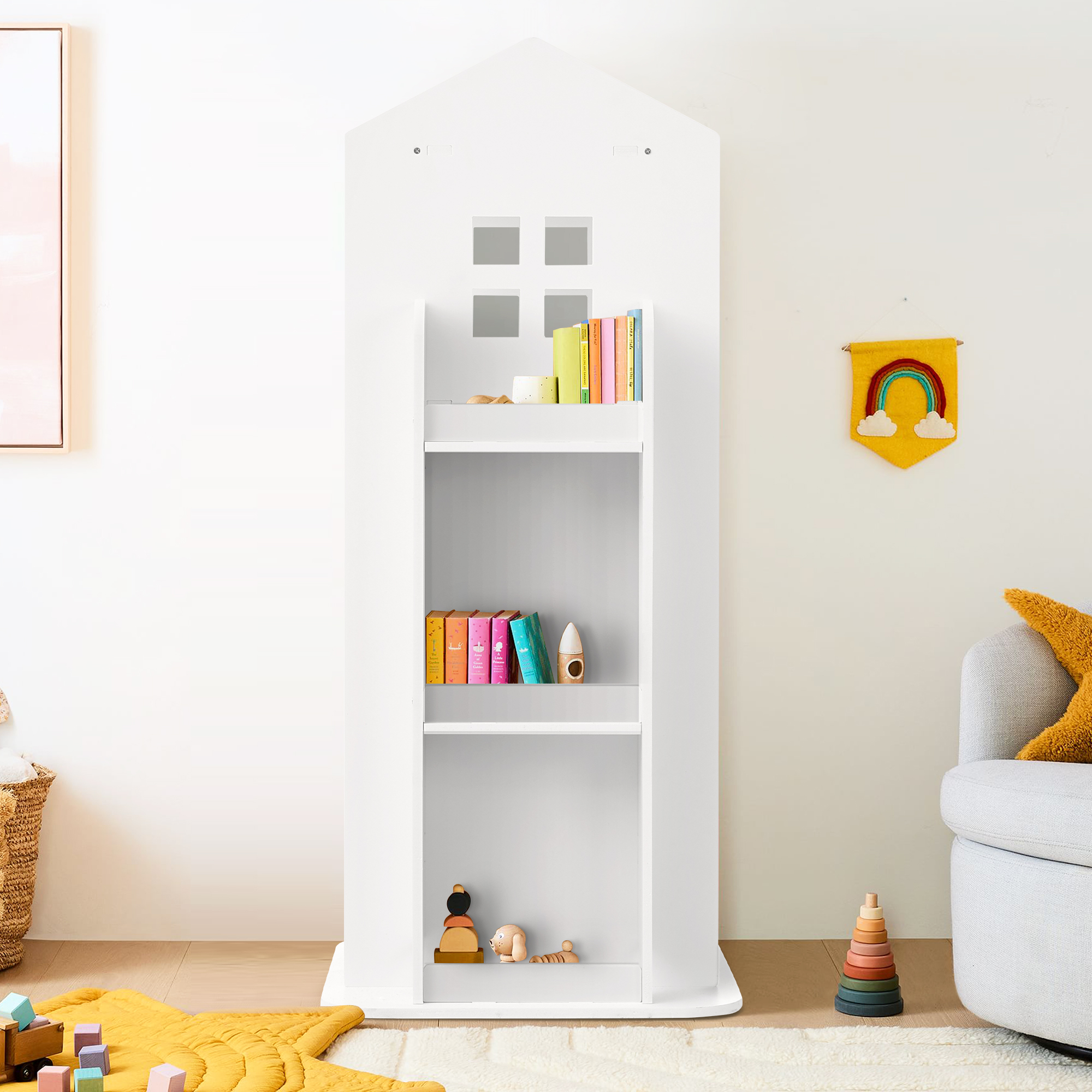 360° rotating bookshelf for children's room 3-layer house-shaped children's bookshelf floor-standing