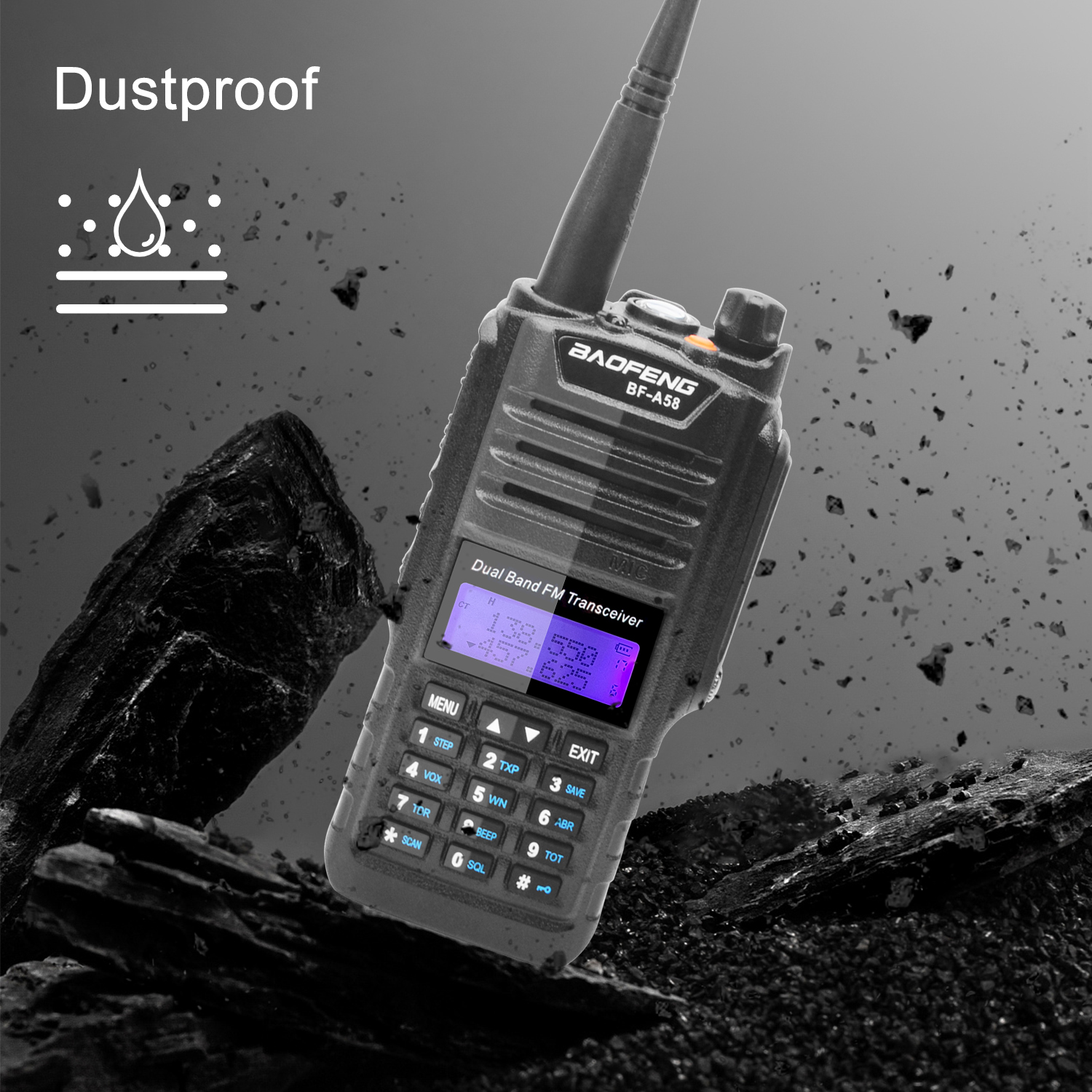 Baofeng Walkie Talkie BF-A58 IP57 impermeable VHF UHF banda Dual 5W 128Ch FM a prueba de polvo resistente a roturas Radio bidireccional con auriculares