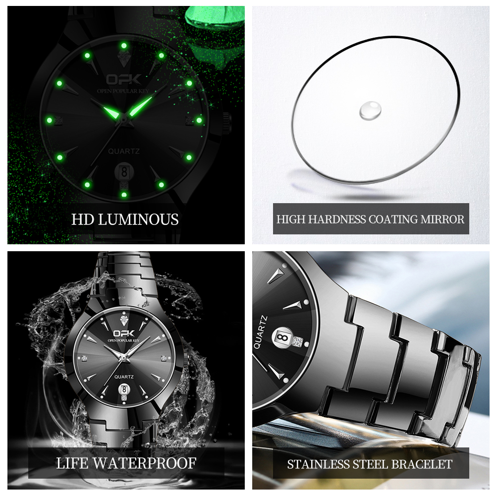 Opk 8105คู่นาฬิกาควอตซ์คลาสสิกสายรัดเหล็กทังสเตนเรืองแสงกันน้ำแฟชั่นหรูหราดูวันที่ชายและหญิง