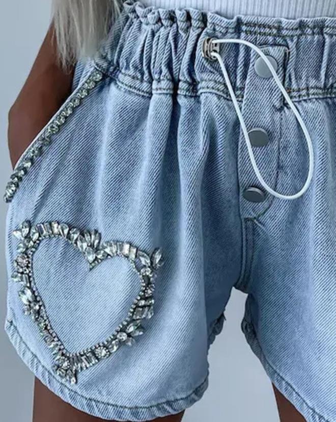 Y2K 2023, letnia nowa moda codzienna szorty Cargo Temperament dojazdy do pracy Rhinestone wzór serca sznurkiem modne spodenki jeansowe