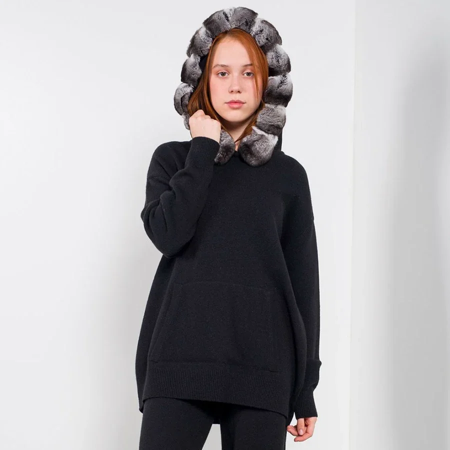 Sweter z dzianiny damski sweter z prawdziwego futra jesienno-zimowy modny sweter naturalny kołnierz futro królika Rex ciepły codzienna bluza z kapturem