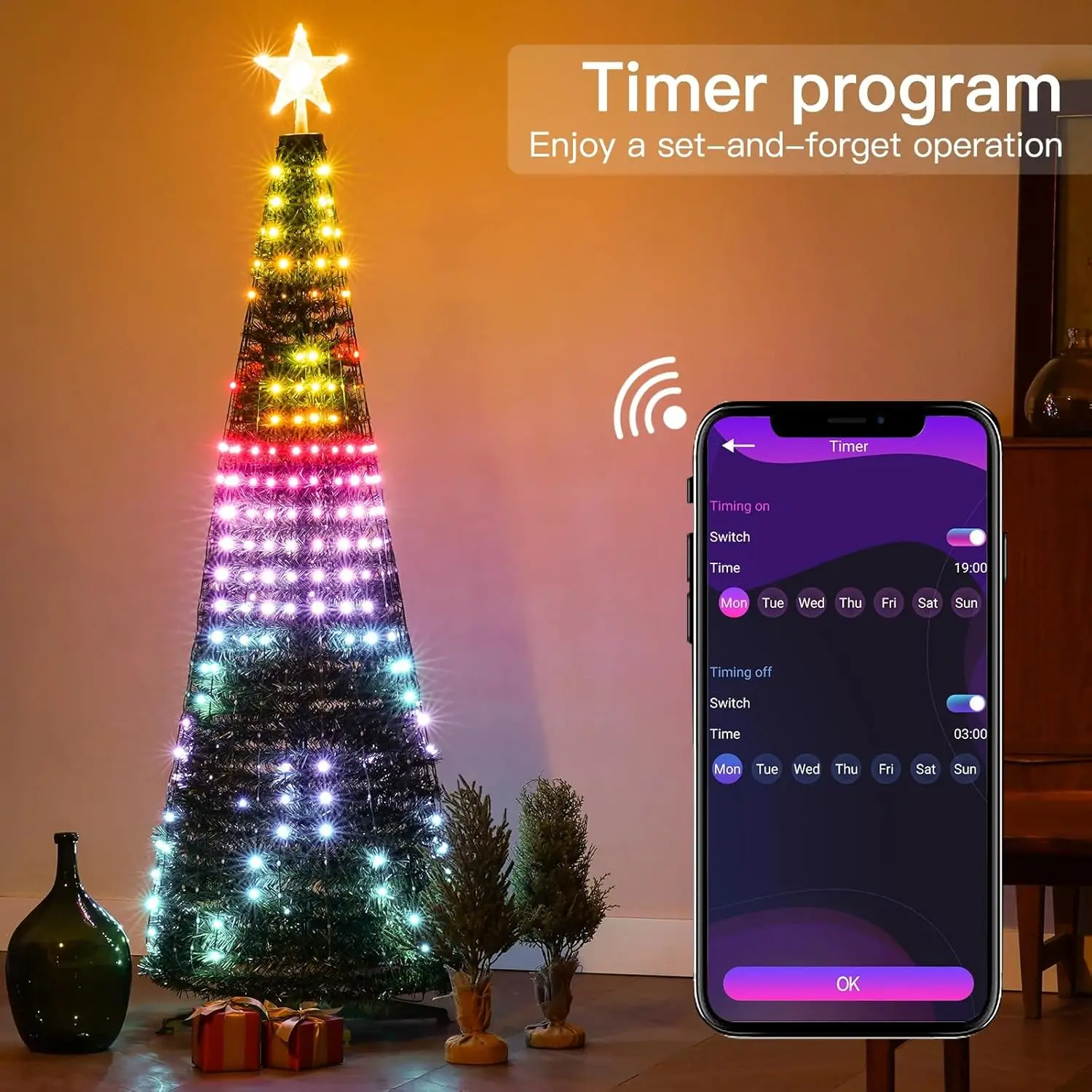 Decoraciones navideñas inteligentes, luces de árbol de Navidad, Control por aplicación, imagen de texto DIY, cadena de luces RGB con Control remoto, 400led