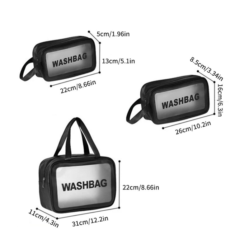 Borsa per trucco e articoli da toeletta in tre pezzi trasparente in PU, borsa portaoggetti portatile smerigliata semitrasparente in PVC di grande capacità