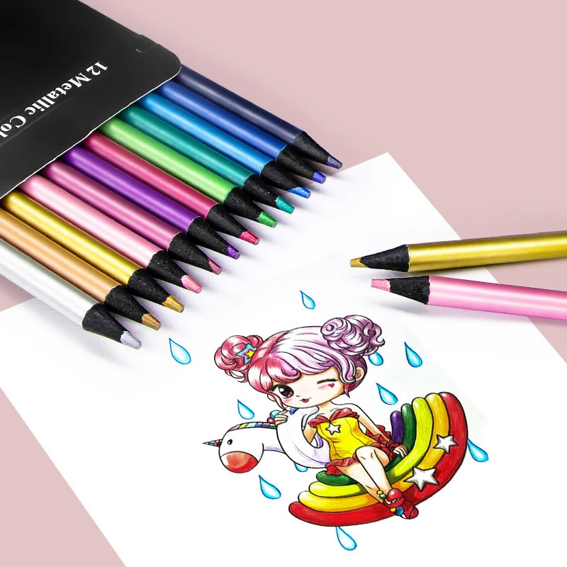 12 色メタリック色鉛筆新学期色鉛筆セット画材文具子供のための DIY 描画絵画