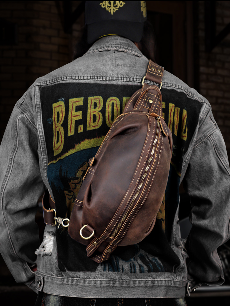 レトロ手作りクレイジーホースレザーメンズチェストバッグシングルショルダー斜めクロスカジュアル本革小さなバックパックトレンディ