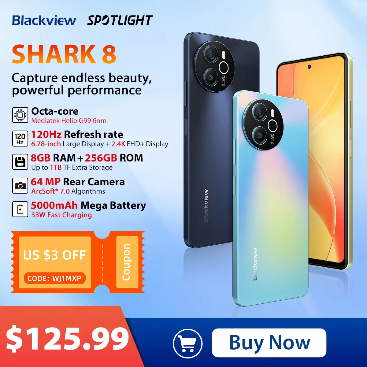 Blackview SHARK 8 Smartphone Android13 G99 teléfono móvil 6,78 ''120Hz 2,4 K pantalla 8GB + 8GB RAM, 128GB/256GB ROM 64MP teléfono móvil