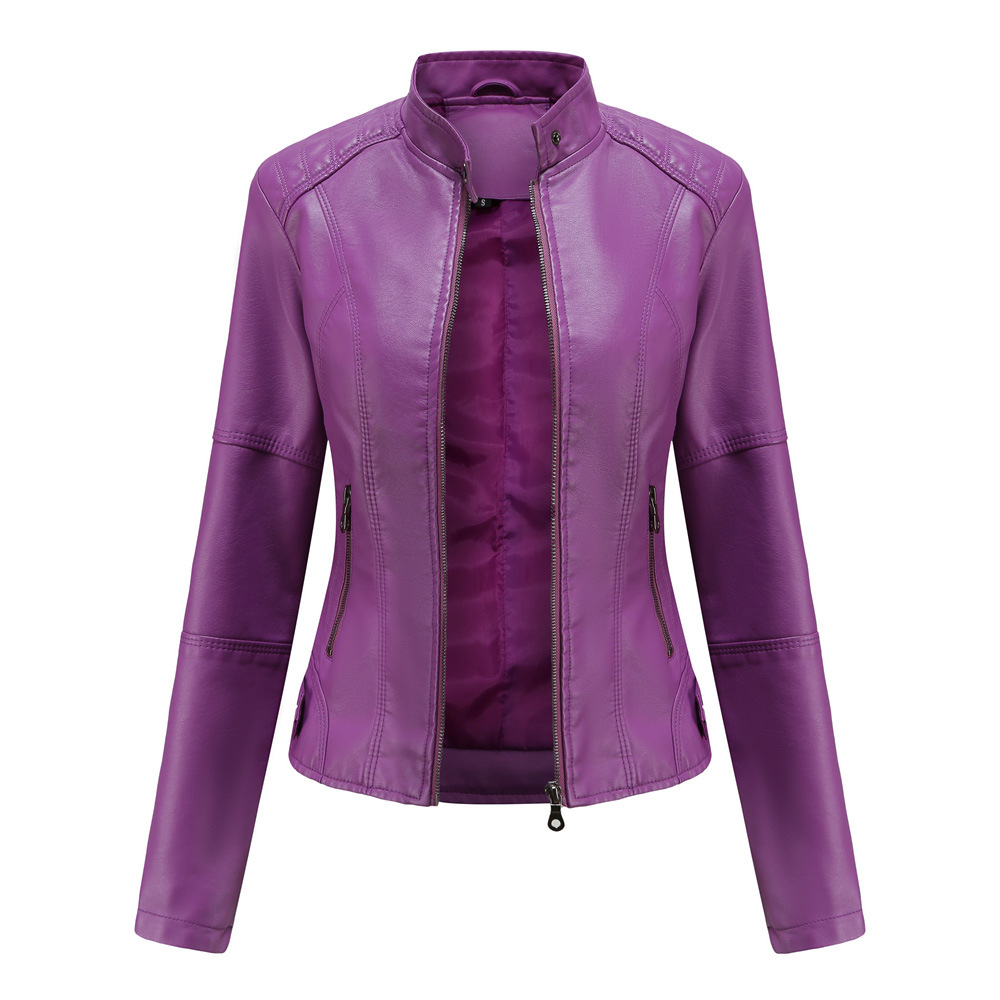 Damen-Lederjacke, 2024, Frühling und Herbst, schwarzer PU-Ledermantel, Stehkragen, Motorrad-Bikerjacke
