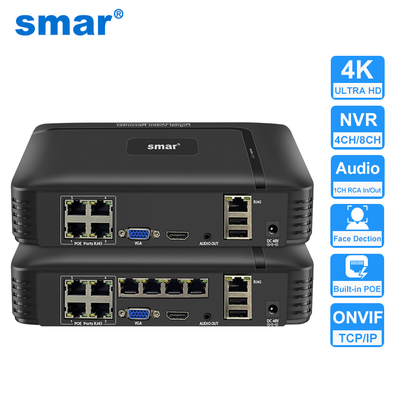 Smar H.265 4CH 8CH 4K 5MP 1080P POE NVR Audio Out Fo Камера видеонаблюдения Сетевой видеорегистратор Обнаружение лица Xmeye