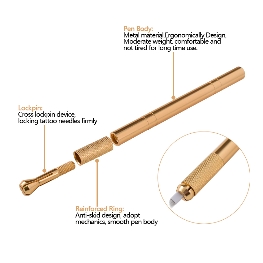 Golden Tebori 3D Tattoo ปากกา 5 ชิ้น 12PCD ใบมีด Microblading Tattoo เข็มแต่งหน้าถาวรคู่มือสําหรับ Professional Eyebrow