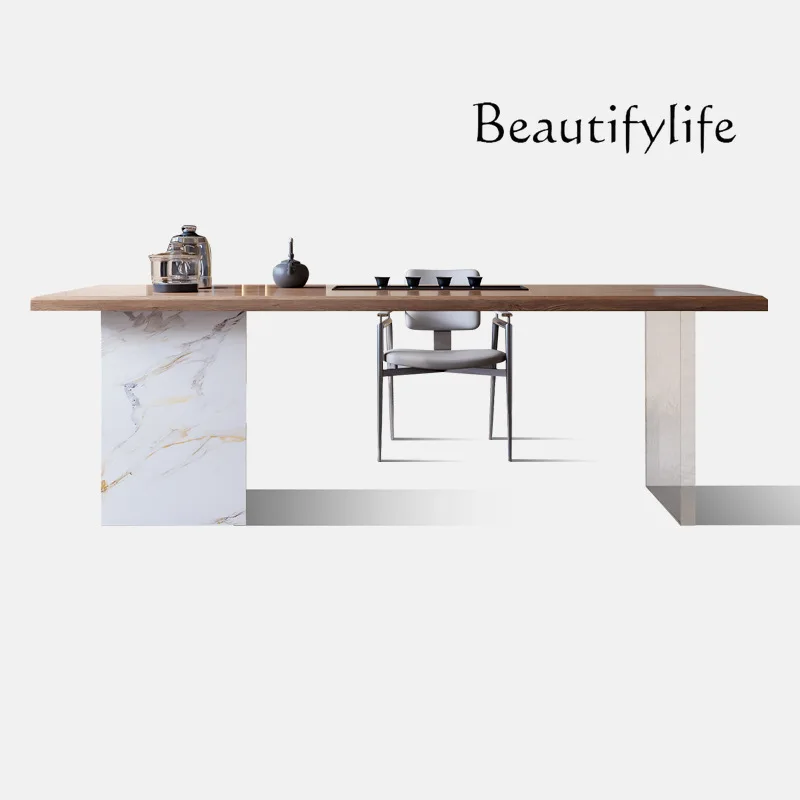 Mesa de chá e cadeiras de madeira maciça estilo japonês, chaleira moderna e simples para sala de estar, mesa de chá integrada